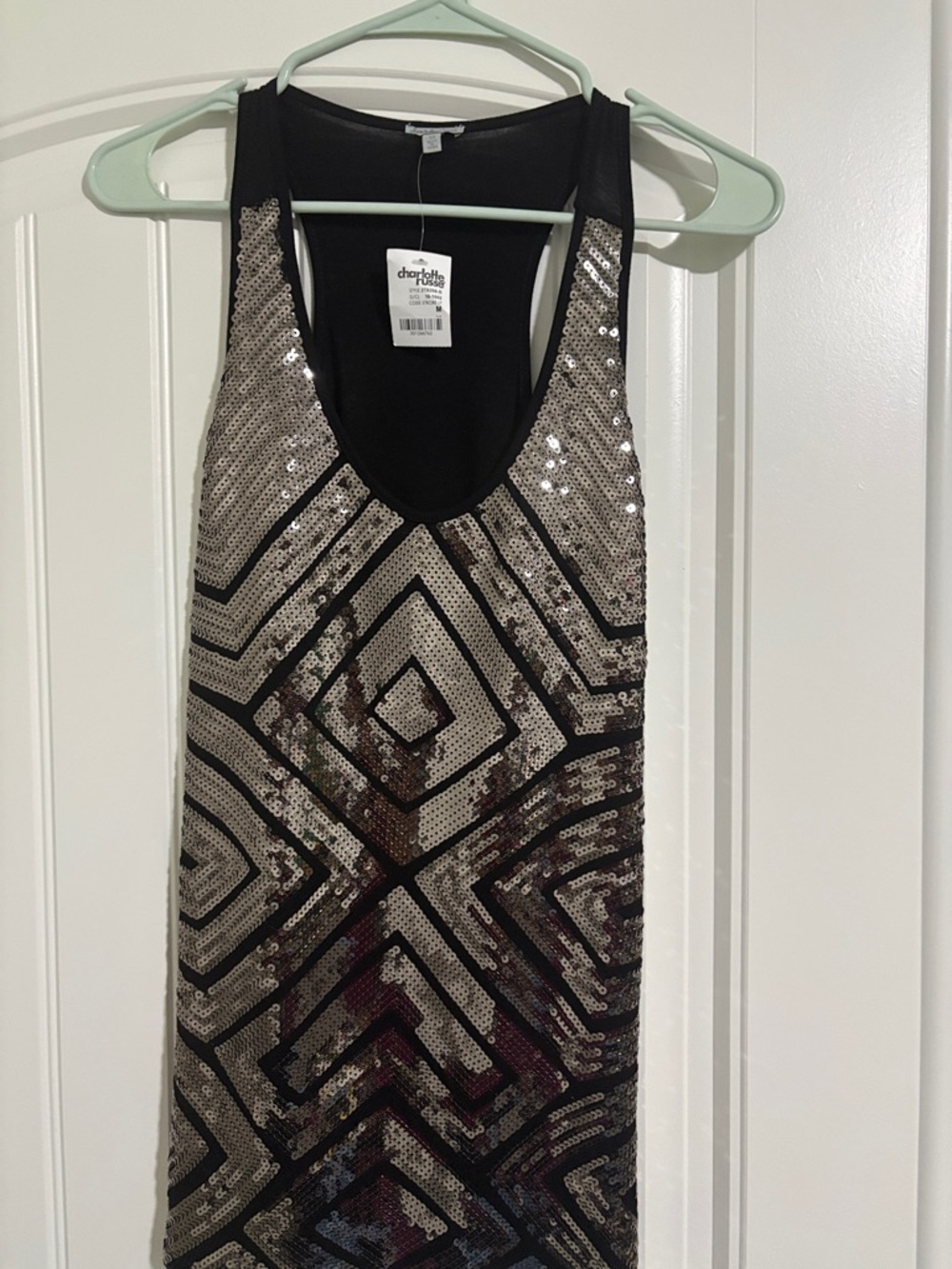 Charlotte Russe Black Tank Top with Silver Sequin Geo Pattern